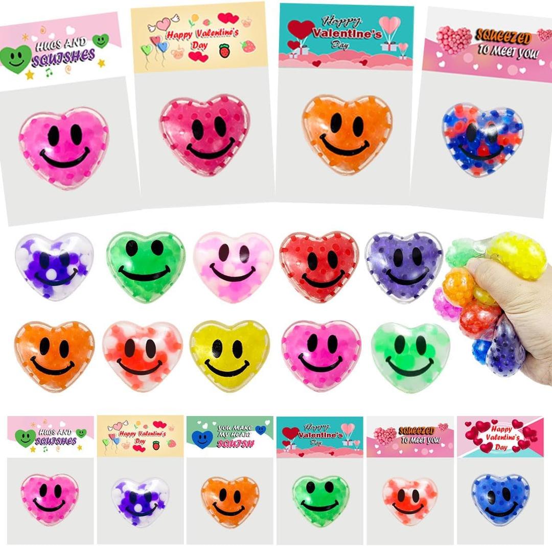 24 Pack Valentines Day Gifts Cards with Heart Stress Balls Squishy Squeeze Toys Great for Valentines Party Favors Valentine's Day Gifts