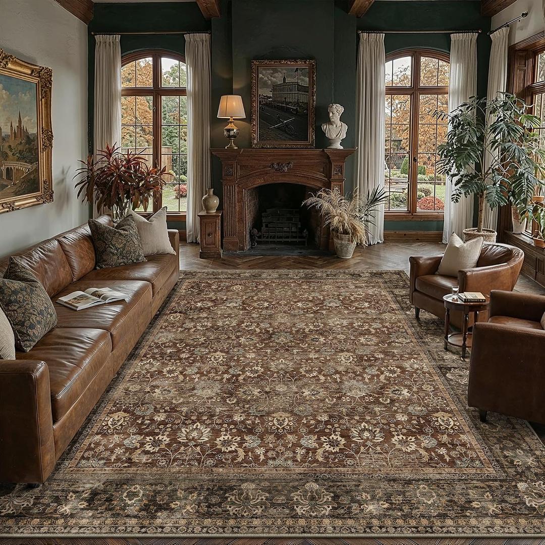 8x10 Rust Red Washable Vintage Area Rug Living Room