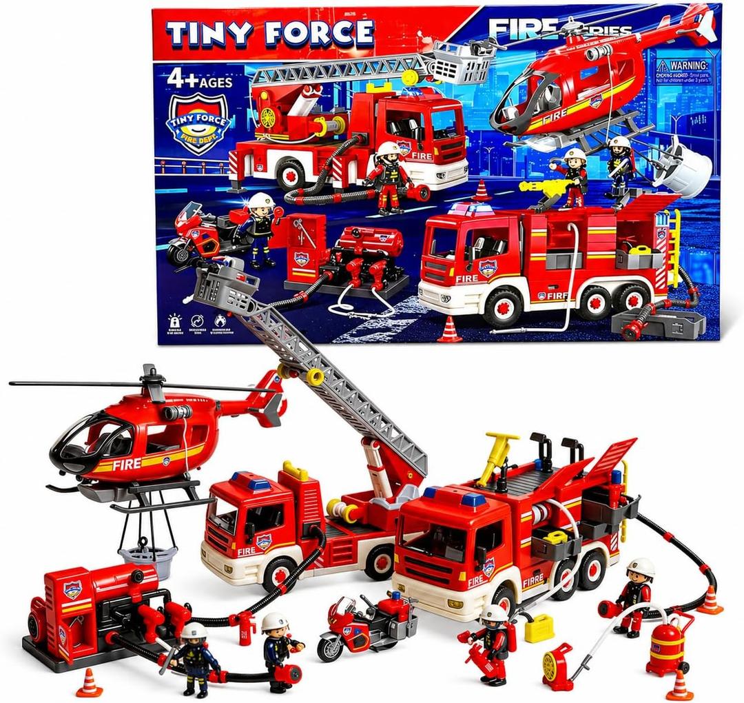 Fire Rescue Set – Fire Truck with Ladder, Toy Helicopter, Motorcycle & Fire Water Pump, Emergency Pretend Play Toys for Kids & Toddlers