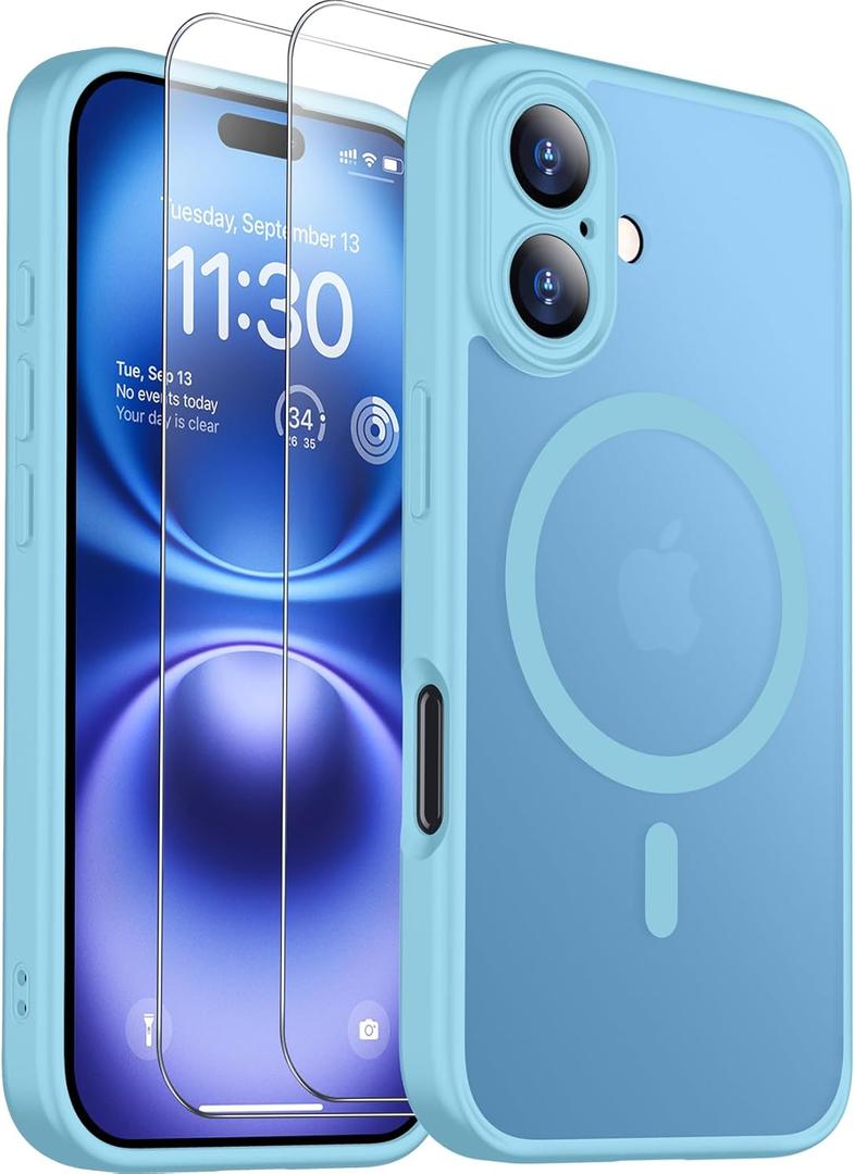 SPIDERCASE Magnetic for iPhone 16 Plus Case,with 2 Pcs [Tempered Glass Screen Protector] Translucent Shockproof Protective Phone Case Home Button Stickers for iPhone 16 Plus 6.7'',Light Blue