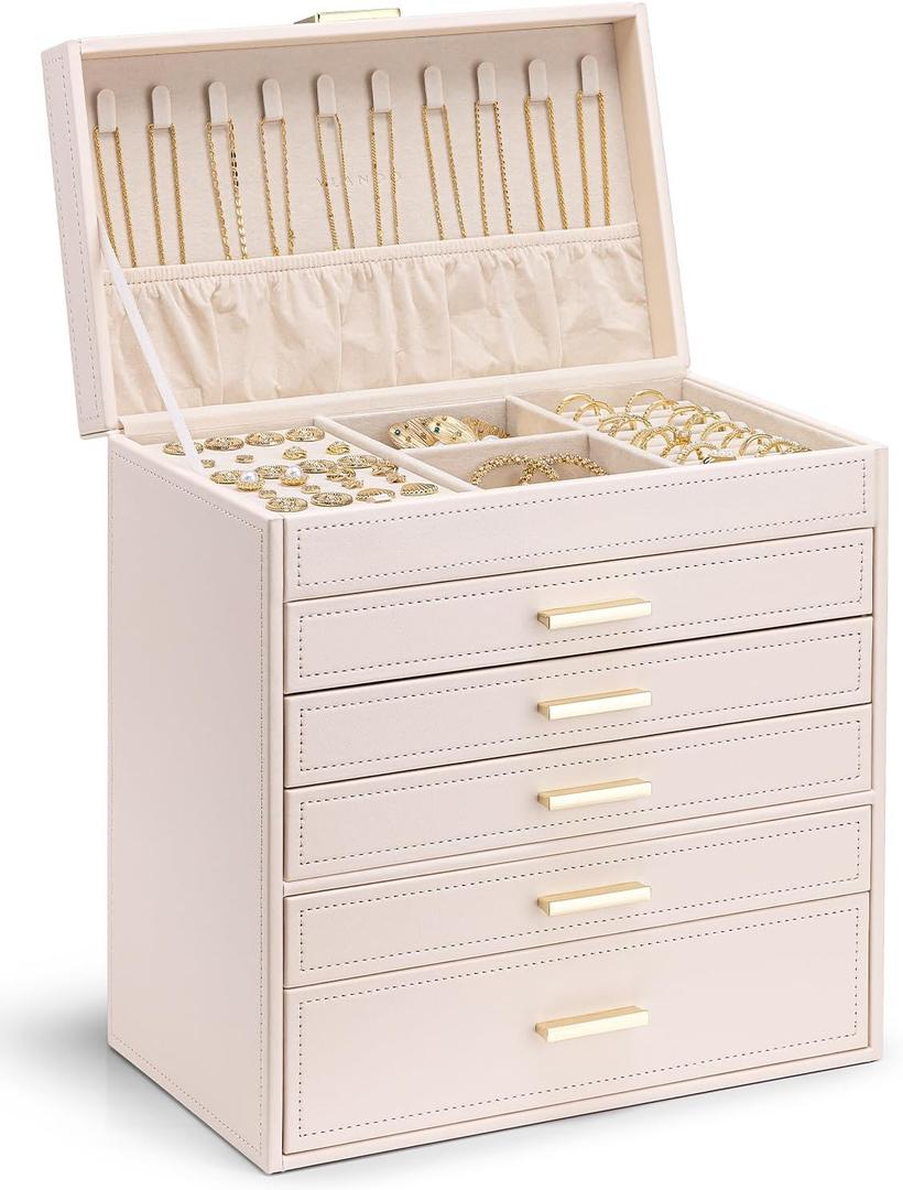 Vlando Jewelry Box Organizer,Large Jewelry Storage for 5 Drawn,PU Leather Jewelry Boxes for Women,Earring Necklace Rings Watch Display Boxes,Wedding Birthday Gift Apricot White