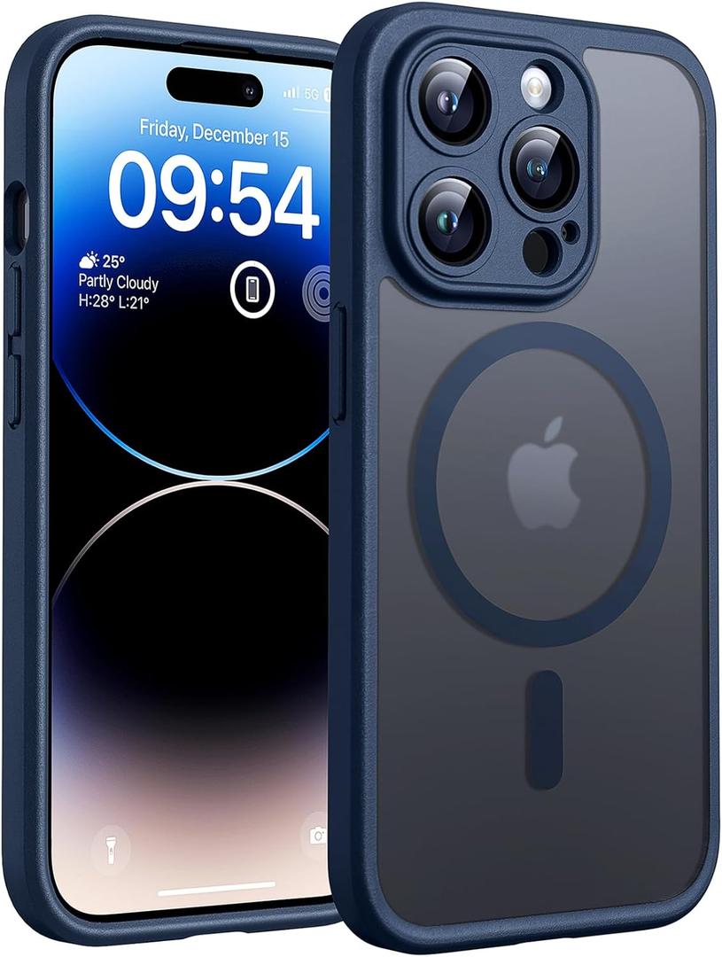 TOCOL Magnetic for iPhone 14 Pro Max Case, Upgraded Full Camera Protection, Compatible with Magsafe, Drop Protection, Translucent Matte Back Bumper Phone Cover 6.7-Inch Dark Blue