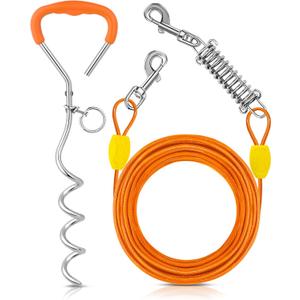 Petbobi Dog Tie-Out Cable and Stake - 30ft Heavy Duty Cable with Spring, No Tangle, 16in Ground Stake, Ideal for Yard, Camping and Beach, Suitable for Small Medium Large Dogs Up to 120 lbs, Orange