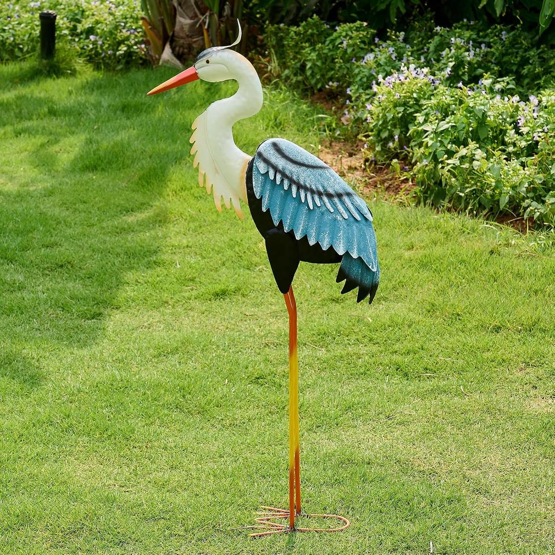 Crane Garden Metal Decor Statue - Large Standing Crane Statue, Metal Birds Yard Art Outdoor Sculpture, Heron Decoration Bird, Outdoor Backyard Decor, Patio, Porch, Lawn Ornament, Yard Decoration, Crane Metal Statues-32 Inch