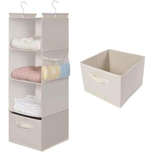 MAX Houser 4-Shelf Hanging Closet Organizer, Space Saver, Cloth Hanging Shelves with 2 Side Pockets, Foldable (Beige)