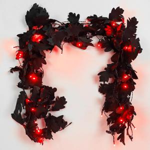 RECUTMS Halloween Garland Indoor Fall Garlands with Lights Red Strings Black Maple Leaf Garland Hanging Plant Artificial Leaves Silk Plastic Plants Decor for Outdoor Door Porch Table Centre