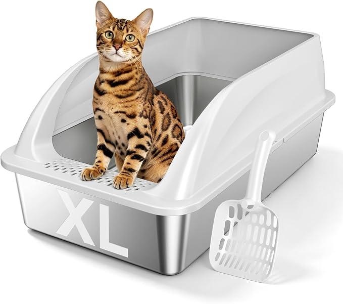 XL Open Top Stainless Steel Litter Box with High Sides,Light Gray
Extra Large Metal Cat Litter Pan , XL Litter Box, Non-Stick Easy Clean Anti-Leak Kitty Litter Pan, Odor Control, Open Top