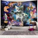 Viajar Cat Tapestry, Fantasy Universe Galaxy Space Funny Cool Cat Tapestry for Boys Kids, Starry Sky Nebula Galaxy Wall Decor Hilarious Cool Tapestries 60X40 Inch for Bedroom Living Room Dorm Room