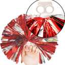 TTSAM 4 Pack (2 Pair) Metallic Foil Cheerleader Pom Poms & Plastic Ring Cheer Poms with Baton Handle Cheerleading Pompoms for Sports Party Dance Team Accessories Cheering Squad Spirit (Red & Silver)