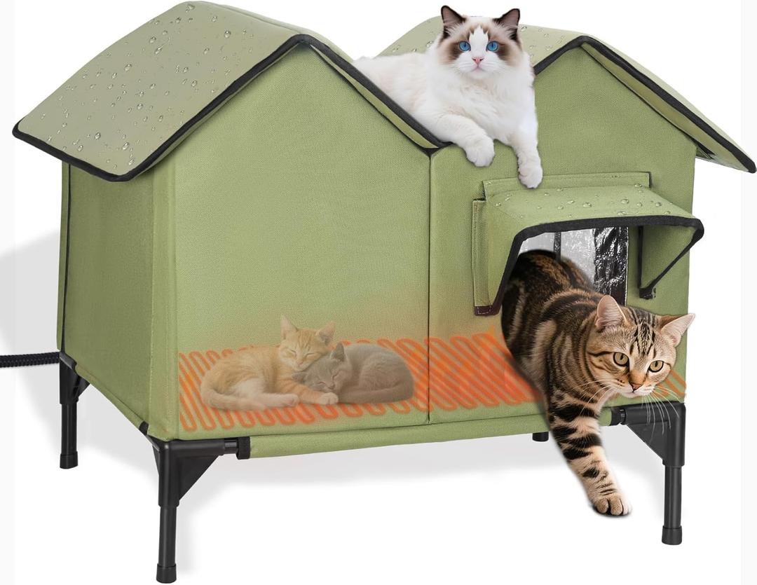 Large Heated Cat House for Outside in Winter, Elevated Insulated Heated Outdoor Cat House Weatherproof with Heating Pad, Waterproof Outdoor Cat Shelter for Multiple Cats Small Dogs(Green)