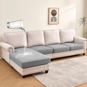 Warmstar Waterproof Sectional Couch Covers 4 Pieces,Stretch Jacquard Thick Couch Sofa Cushion Covers Washable,Pet Friendly L Shaped Sofa Cover with Elastic Bottom(3 Seater+1 Chaise,Grey)
