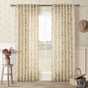 Farmhouse Floral Linen Curtains 84 Inch Length for Living Room Bedroom 2 Panels Semi Sheer Curtains Back Tab Tan Brown Patterned Flower on Beige Farmhouse Boho Rustic Window Drapes 84 Inches Long