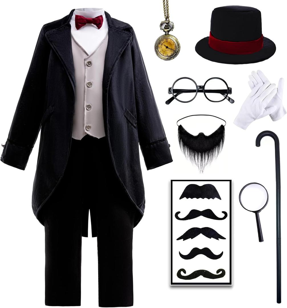 12 Pcs Abraham Lincoln Costume Kids Douglass Costume for Boys (7-8 Years, Black)