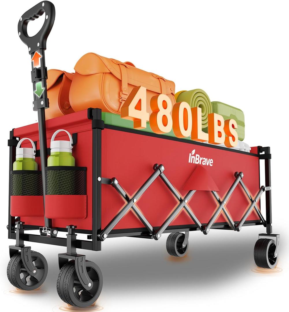 Extra Long Collapsible Wagon Cart, 480LBS Heavy Duty Utility Wagons with All-Terrain Wheels, Foldable Grocery Carts for Gardening, Shopping, Beach, Camping, Red