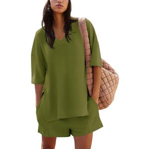 Yousify Womens 2 Piece Sets Summer Outfits 2025 Lounge Set 3/4 Sleeve Oversized Tops And Elastic Waist Shorts With Pockets (Small, Army Green)