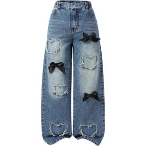 Girl's Heart Patched Baggy Jeans Y2k Bow High Waisted Straight Leg Denim Pants Streetwear 11Y