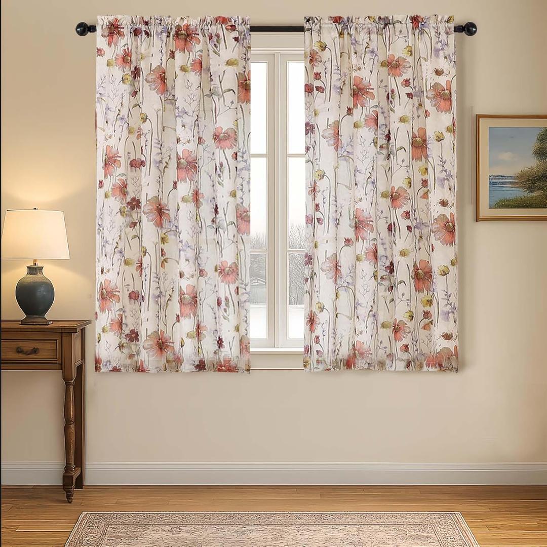 OVZME Crushed Printed Sheer Curtians 54 Inch Length 2 Panels, Light Filtering Sheer Floral Drapes Dual Rod Pocket for Living Room Bedroom, Privacy Protect Farmhouse Window Treatment, Each 42Wx54L inch