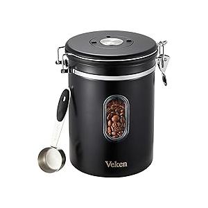 Veken Coffee Canister with Window,Airtight Stainless Steel Container,Home Kitchen Food Storage Organizers for Grounds,Beans,Espresso,Rice,Tea,Sugar,Flour, Cereal,Scoop,Bar Accessories, Gifts, 22OZ, Black