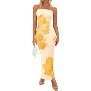 PRETTYGARDEN Women Summer Strapless Maxi Dress Bodycon Floral Sexy Long Wedding Guest Dress Formal Tube Mesh Cocktail Dresses S