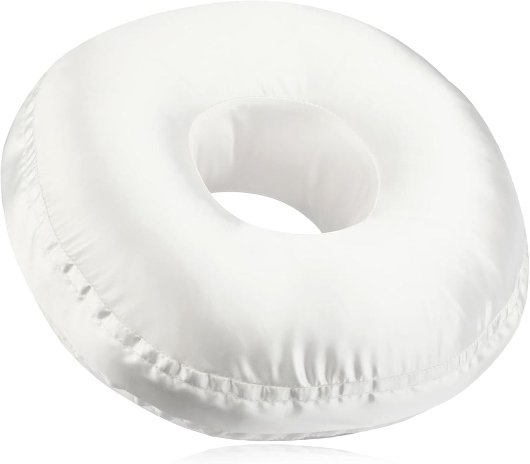 Washable Silky Satin Ear Piercing Pillow with Removable Pillowcase Smooth Cooling Donut Pillows Hole for Ear Pain Relief CNH Sleeping Pressure Sore Side Sleepers Ear Guard Protector, Ivory Cover