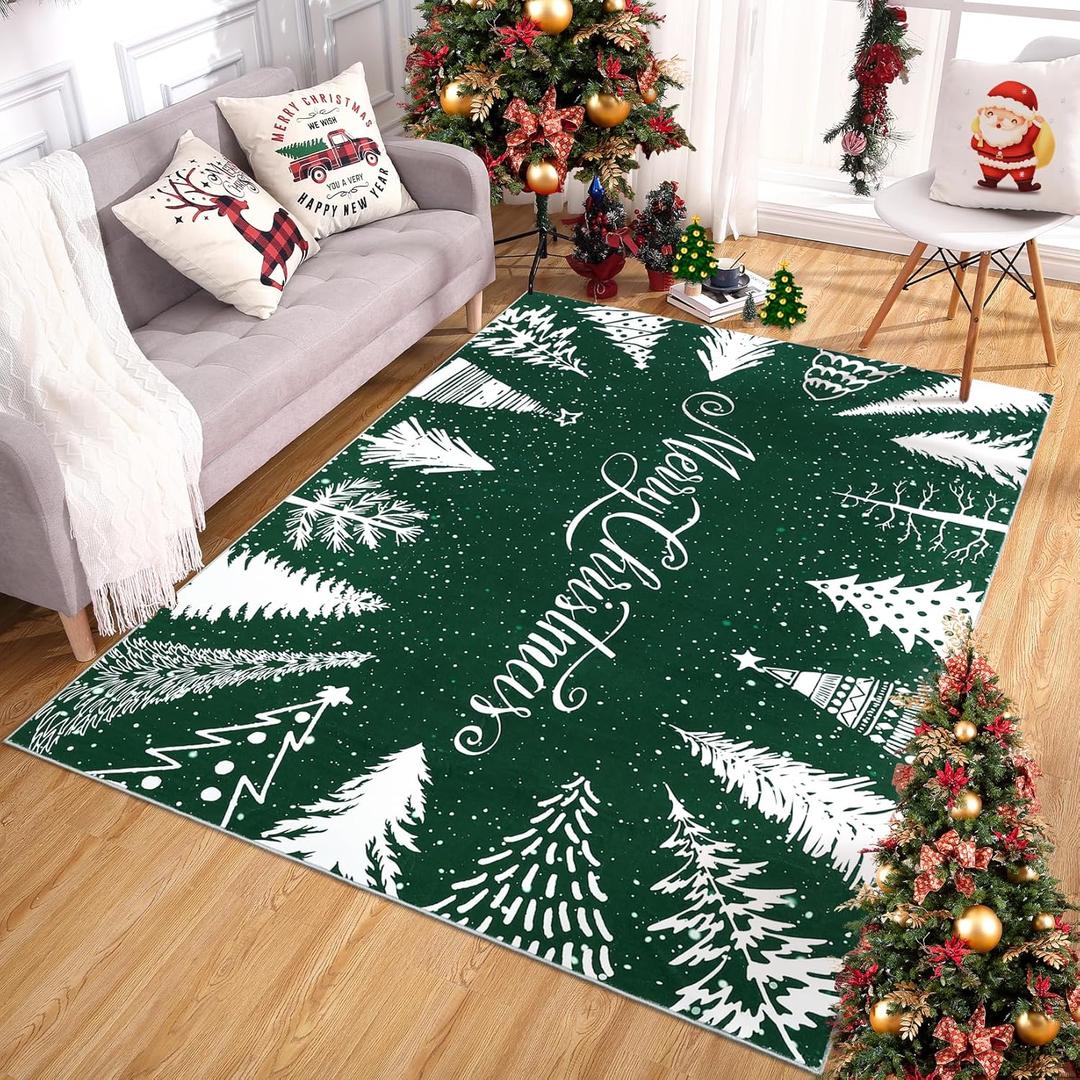 GarveeHome Christmas 8x10 Area Rugs Machine Washable Rugs Non Slip Living Room Rug Merry Chrismas Rug Large Area Rug Xmas Tree Low Pile Soft Non Shedding Carpet for Bedroom Dining Room Nursery, Green