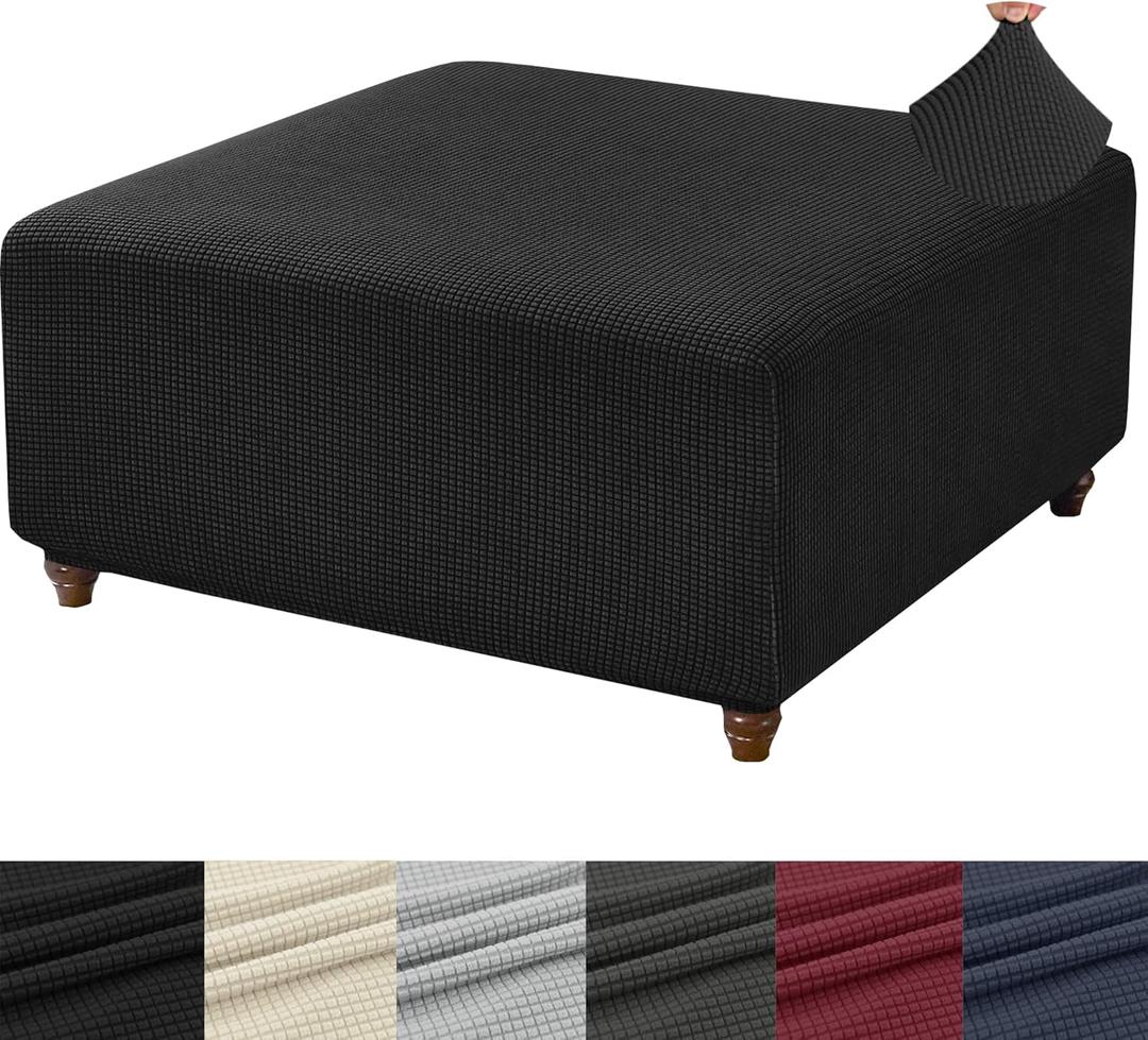 ANWUCHEN Ottoman Cover Square-Stretch Knitted Jacquard Square Ottoman Cover -Soft Square Ottoman Covers Slipcover -Thick Storage Ottoman Cover Foot Stool Cover with Elastic Bottom Large Black