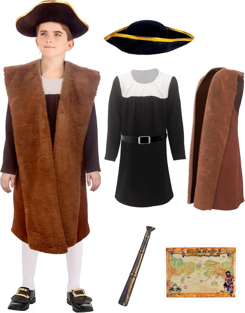 Kids Explorer Navigator Costume Set Boys Colonial Historical Role Play Outfit for Halloween Dress-Up L
