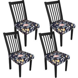 Stretch Dining Chair Seat Covers Set of 4,Dining Chair Slipcovers, Floral Printed Chair Covers,Soft Fabric Washable Upholstered Chair Seat Protector, No Rear Covers for Home Kitchen Dining Room (A-vintage Yellow Roses)