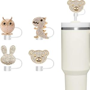 4PCS Bling Diamond Animal Straw Covers for Stanley Cups -Rhinestone Silicone Toppers Accessories Fits 10mm Straws, Reusable Glitter Cup Decorations for 30/40oz Tumblers