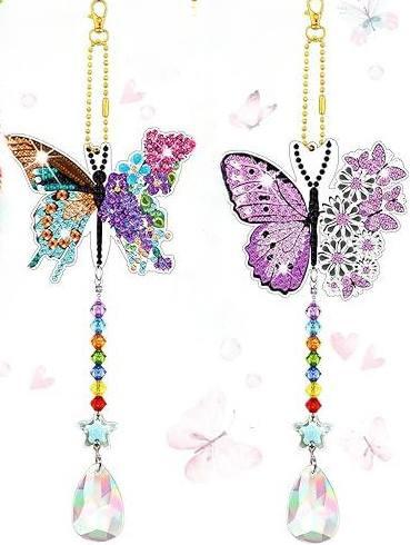 Tradder 2 Pcs Spring Butterfly Diamond Painting Wind Chimes Diamond Painting Suncatcher Art Kit Double Sided Butterfly Ornaments 5d Rhinestone for Spring Home Garden