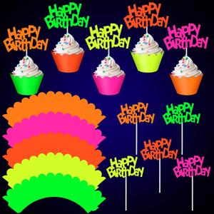Marspark 40 Pcs Glow in the Dark Neon Cupcake Toppers Glow Party Supplies Neon Cupcake Wrappers for Birthday Party Wedding Decorations Blacklight Reactive, Small