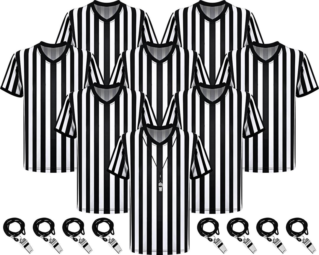 Ramede 8 Sets Referee Shirt with Whistle Official Football Referee Shirt Umpire Jersey Halloween Group Costume for Men Woman  Large