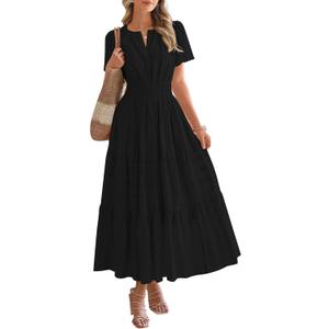 BTFBM Womens Summer 2026 Casual Midi Maxi Dresses Lightweight Short Sleeve V Neck Elastic Waist Boho Beach Dress Pockets (Small, Black)