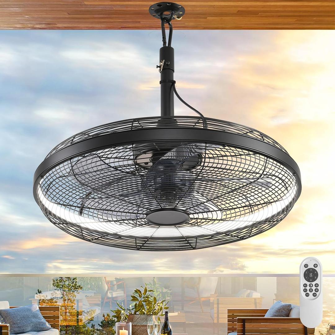AHAWILL Outdoor Ceiling Fans with Lights, 20'' Gazebo Fan, Plug in Ceiling Fan for Patios, Pergola, Ceiling Fan with Remote Control, Hanging with Hook,Black, 20.9*20.9*8.5inch