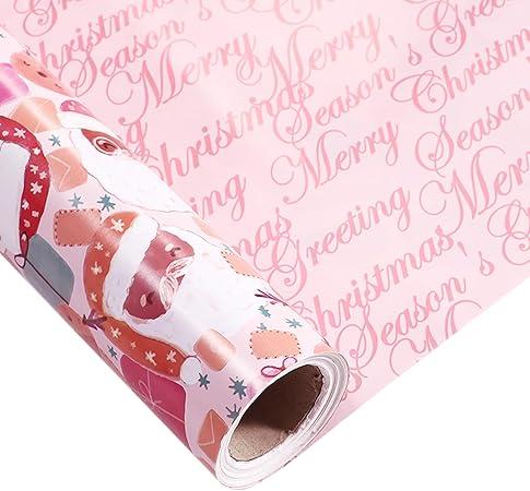 LeZakaa Christmas Pink Wrapping Paper Jumbo Roll for Kids Girls, Pink Santa Claus & Merry Christmas Lettering Reversible Design for Festive Holiday, Family Gathering, 24 inches x 100 Feet