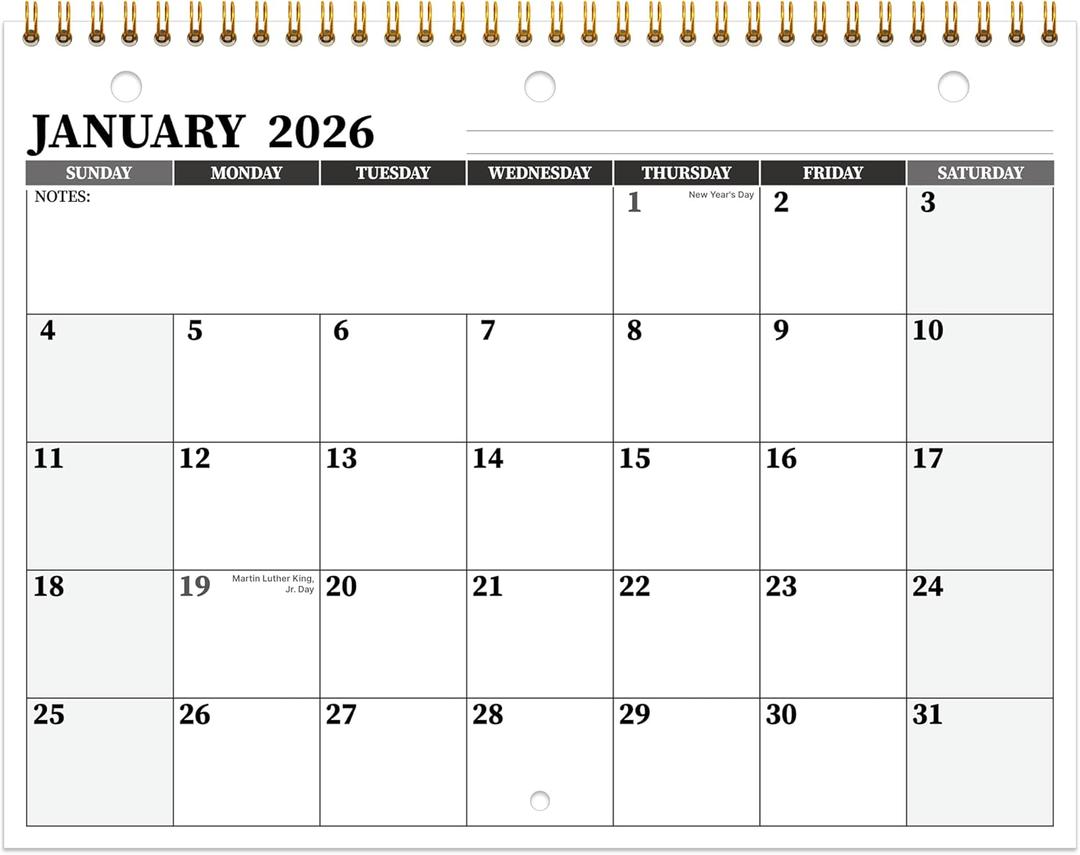 7 x 2026 Calendar, 2026 Wall Calendar 12 Month, 8.5" x 11", Jan 2026 - Dec 2026, 3-Hole Punched Binder Calendar, Memoranda Lined Pages with Thick Paper, Spiral Binding, Holidays, Moon Phases, Black