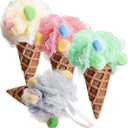 Geiserailie 4 Pieces Kids Loofah Ice Cream Cone Bath Sponge Kids Bath Shower Sponge Body Scrubber Exfoliating Loofah for Spa Shower