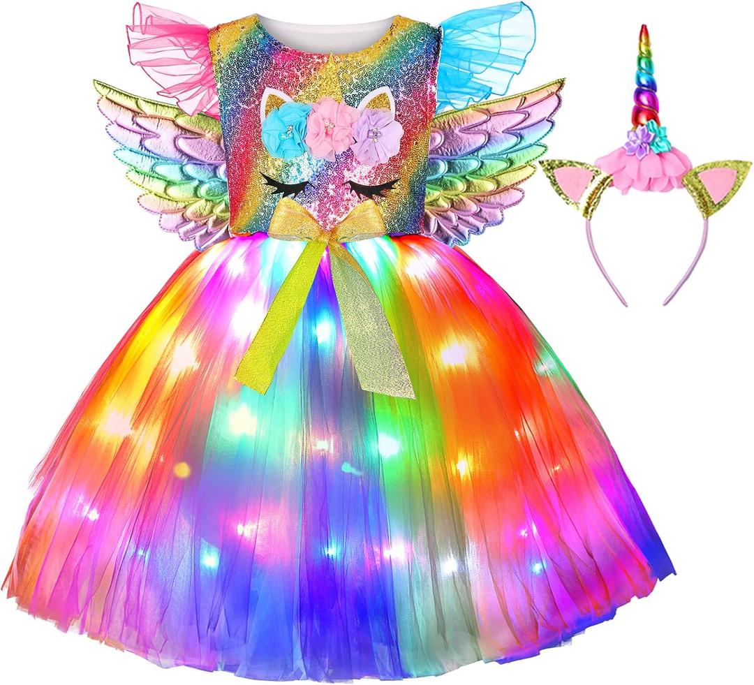 Girls Unicorn Costume LED Light Up Unicorn Dress Up Birthday Gifts Princess Dress for Halloween Party (5-6 Years)