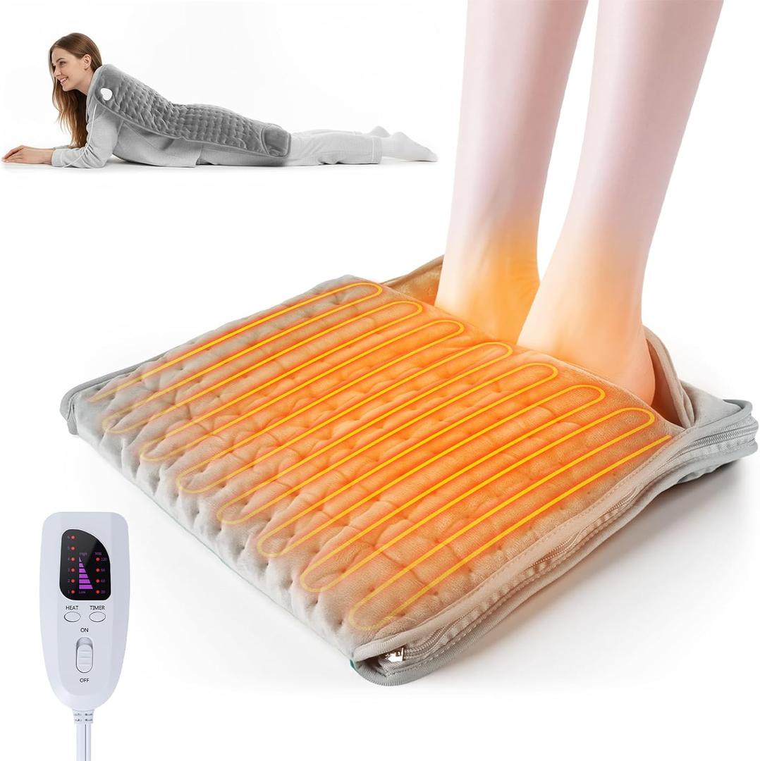 Electric Foot Warmer for Feet: Double Sided Heated Feet Warmers for Bed Office Desk Olycism Heating for Foot Heating Pad Six Adjustable Four Timed Options Machine Washable Birthday Christmas Gift (Silver Gray)