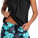 Aqua Eve Two Piece Women's Tankini Swimsuits Blouson Swim Tank Top with Shorts Modest Bathing Suits (20 Plus, Green Blue Flower)