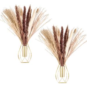 Otoolling 2 Pcs Boho Wall Decor Metal Wall Art Hanging Planter with Artificial Pampas Wall-mounted Modern Home Decor Display Artwork Plant Hanging Vase for Bedroom Living Room Kitchen Bathroom (Gold)