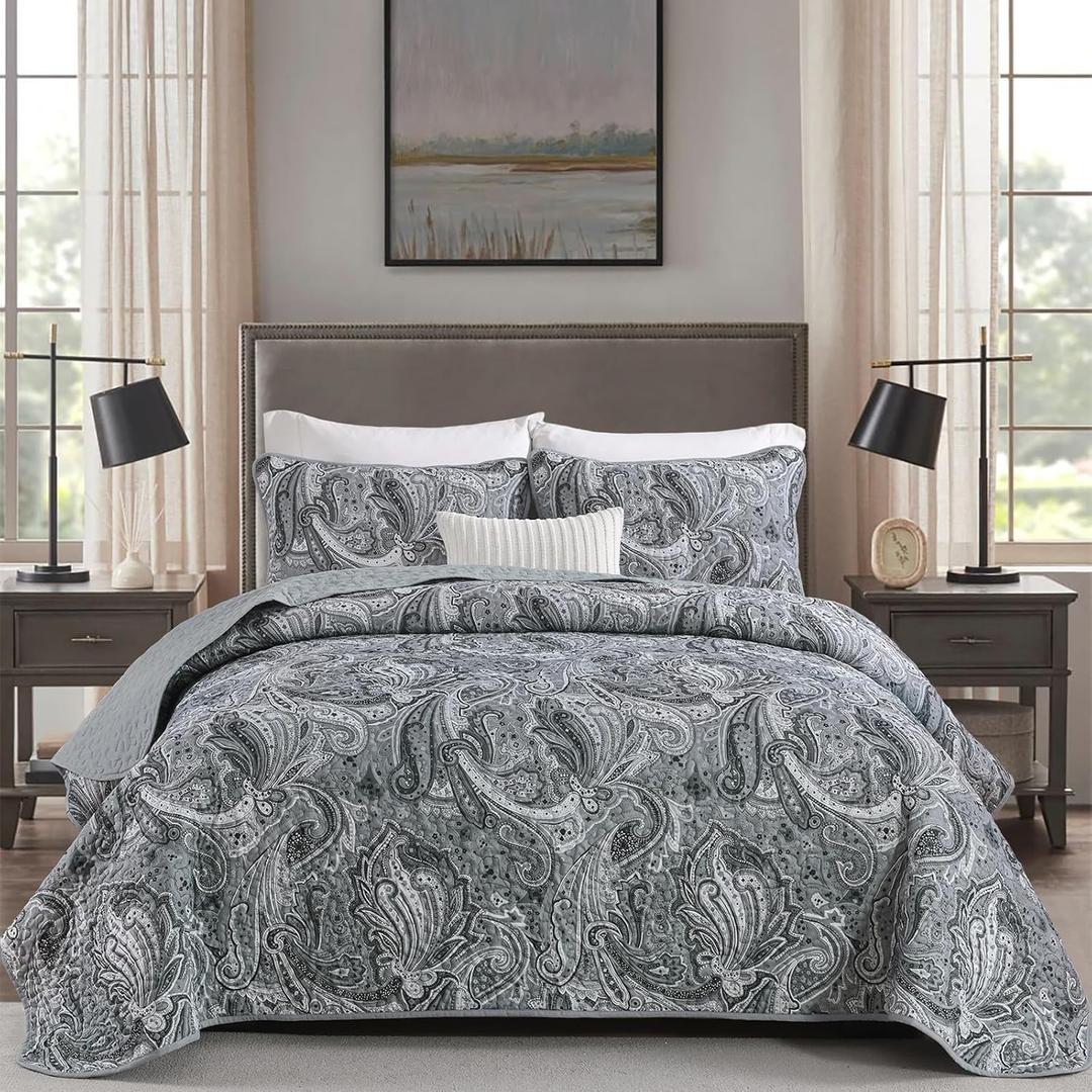 Gray Paisley Quilt Set King Size Boho Bedspread Coverlet Set 3 Pieces, Soft Lightweight Microfiber Vintage Dark Grey Paisley Floral Pattern Bedding for All Season, 110''x90''