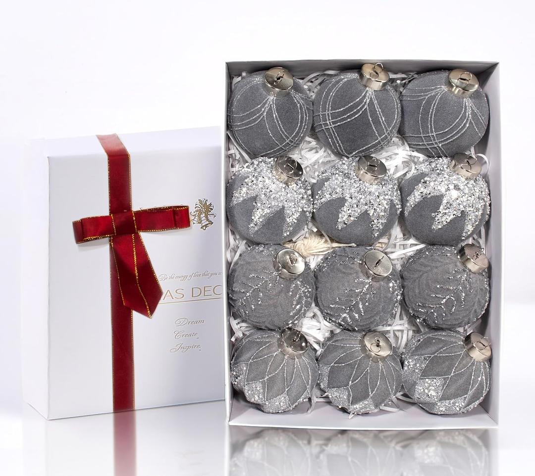 12PCS Velvet Glitter Christmas Ball Ornaments, 3.15 Inches Luxury Christmas Decorations, Elegance Modern Hanging Ornaments for Xmas Tree, Party, Wedding, Home Decor (Gray) (Grey)