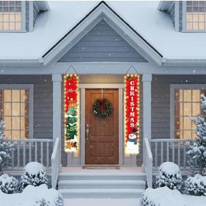 YHW Christmas Decorations Outdoor Merry Christmas Banner with String Lights Xmas Porch Door Welcome Sign Hanging Christmas Decor Indoor for Home Holiday Outdoor Wall Front Door Yard Garage