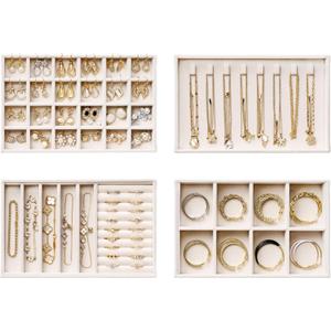 Velvet Jewelry Drawer Organizer Trays 4-Layer Stackable Jewelry Storage Inserts Set, Beige Jewelry Tray Set for Earrings, Rings, Necklaces, Bracelets with Removable Dividers for Dresser & Vanity