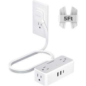 TESSAN Flat Plug Extension Cord 5 FT, Surge Protector Power Strip with 4 AC Outlets 1 USB C and 2 USB A Ports, 900 Joules Protection, Multiple Wall Outlet Extender Suitable for Office Dorm, Grey