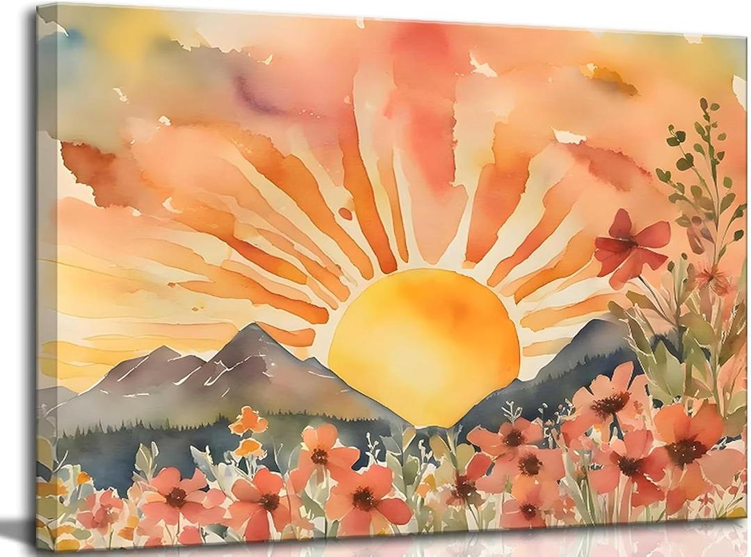 Boho Sun Canvas Wall art Mid-Century Modern Abstract Bohemian Sunset in The Mountains Watercolor Wildflowers Sunrise Landscape Picture Wall Decor Poster Print Artwork for Living Room Bedroom