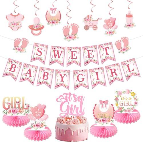 Vlipoeasn Floral Baby Shower Decorations for Girl, Pink Baby in Bloom Baby Shower Supplies, It's a Girl Cake Topper, Cute Honeycomb, Hanging Swirl Flag, Sweet Baby Girl Shower Decor