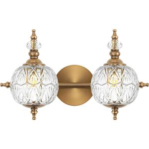 Brushed Antique Brass Bathroom Vanity Light Fixture Vintage Style - 2 Light G9 Bulb Compatible, 17" Wide Bathroom Lighting Over Mirror with Hand-Etched Glass Shades, Easy Mount for Makeup Area