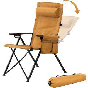 Frassie Camping Chair for Adults Heavy Duty 300 lbs, Folding Lawn Chairs Portable Outdoor with Adjustable Back Detachable Headrest, Side Pocket, Mesh Storage, Yellow